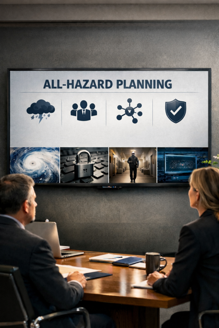 Executive leaders reviewing all-hazard planning strategy with prevention-first leadership presentation. All-Hazard Prevention Leadership